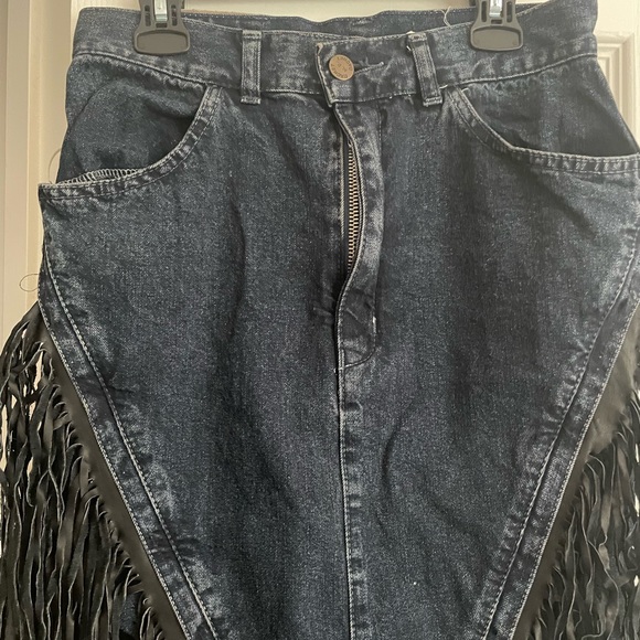Vintage Rare Western 80s 90s Marcel Dachet Jean Skirt with Leather Fringe - Picture 6 of 7
